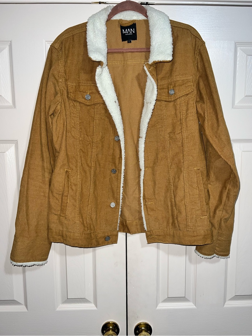 Men's Tan Corduroy Shirt Jacket with White Sherpa Collar